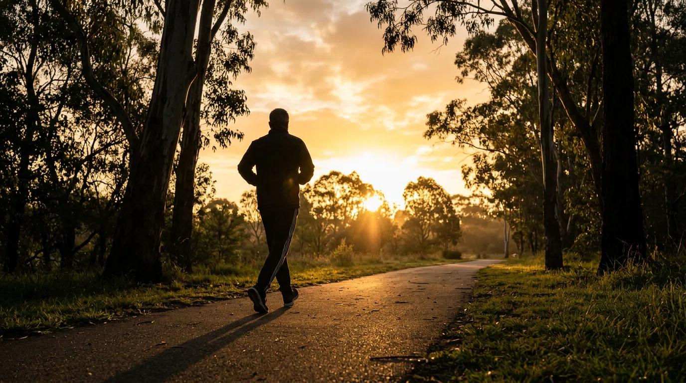 Man walking along a park path at sunrise for an active lifestyle